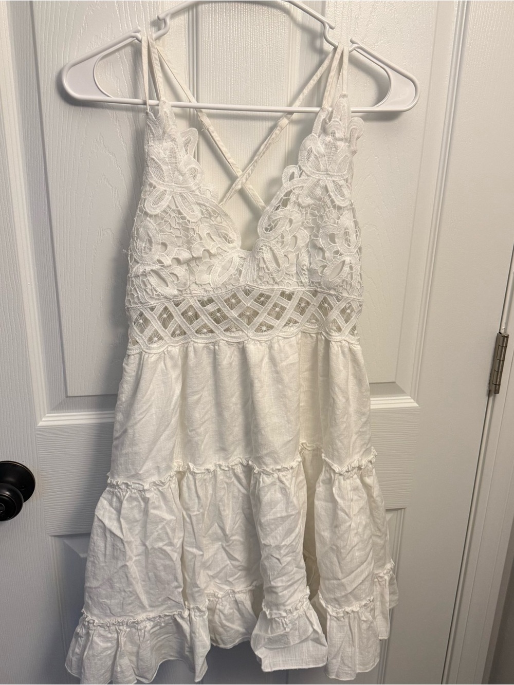SHEIN White Lace Crochet Tiered Mini Dress Cottagecore Boho